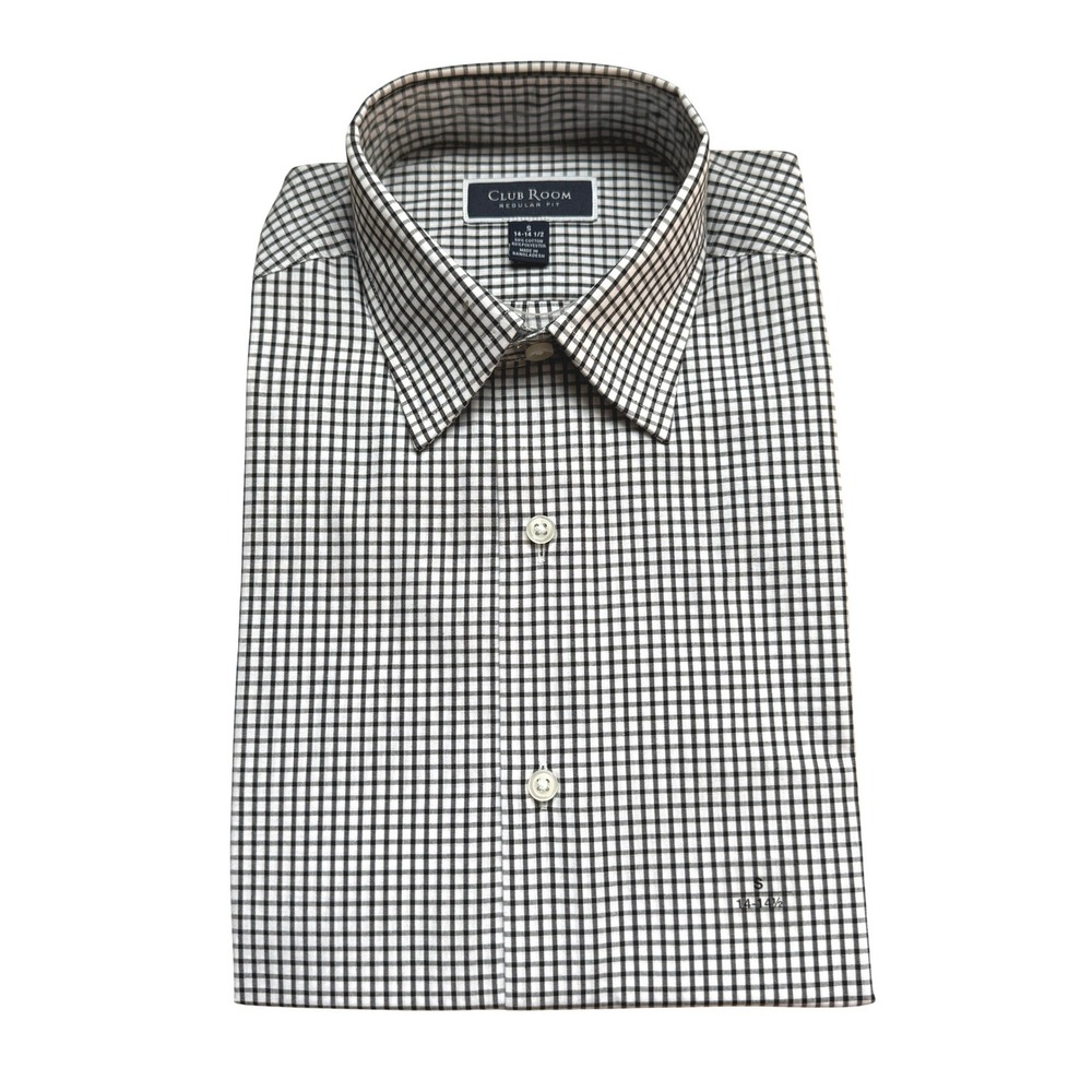Club Room Mens Regular Fit Gingham Check Dress Shirt White Black Small 14-14.5